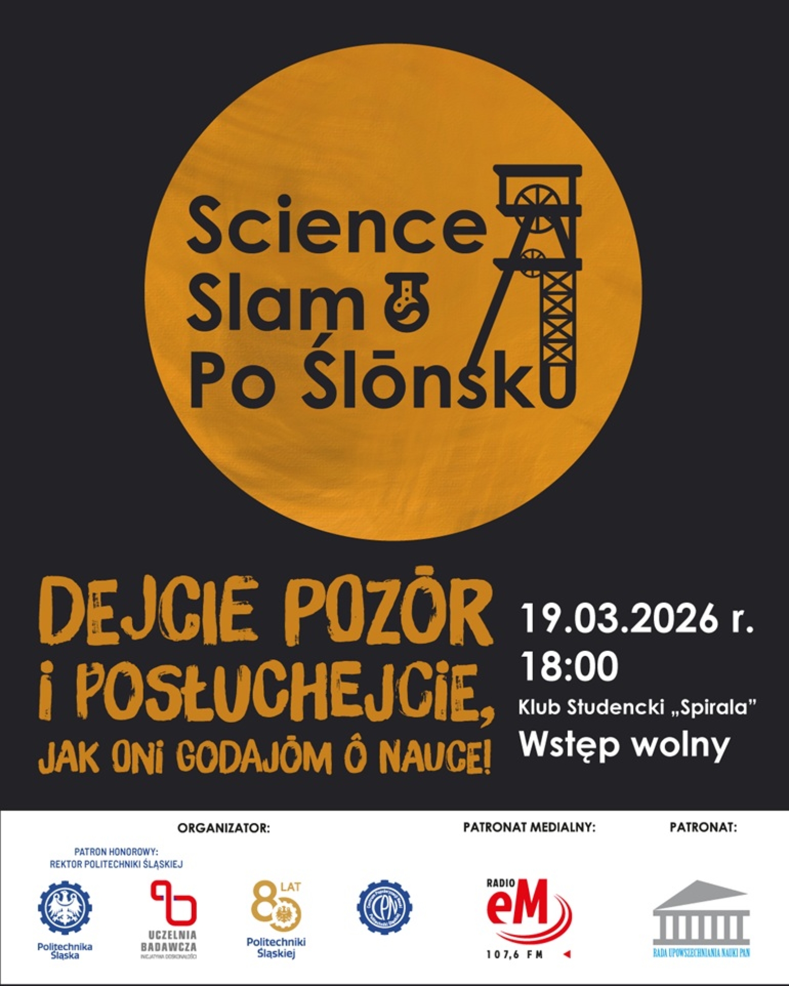 Plakat Science Slam po ślonsku