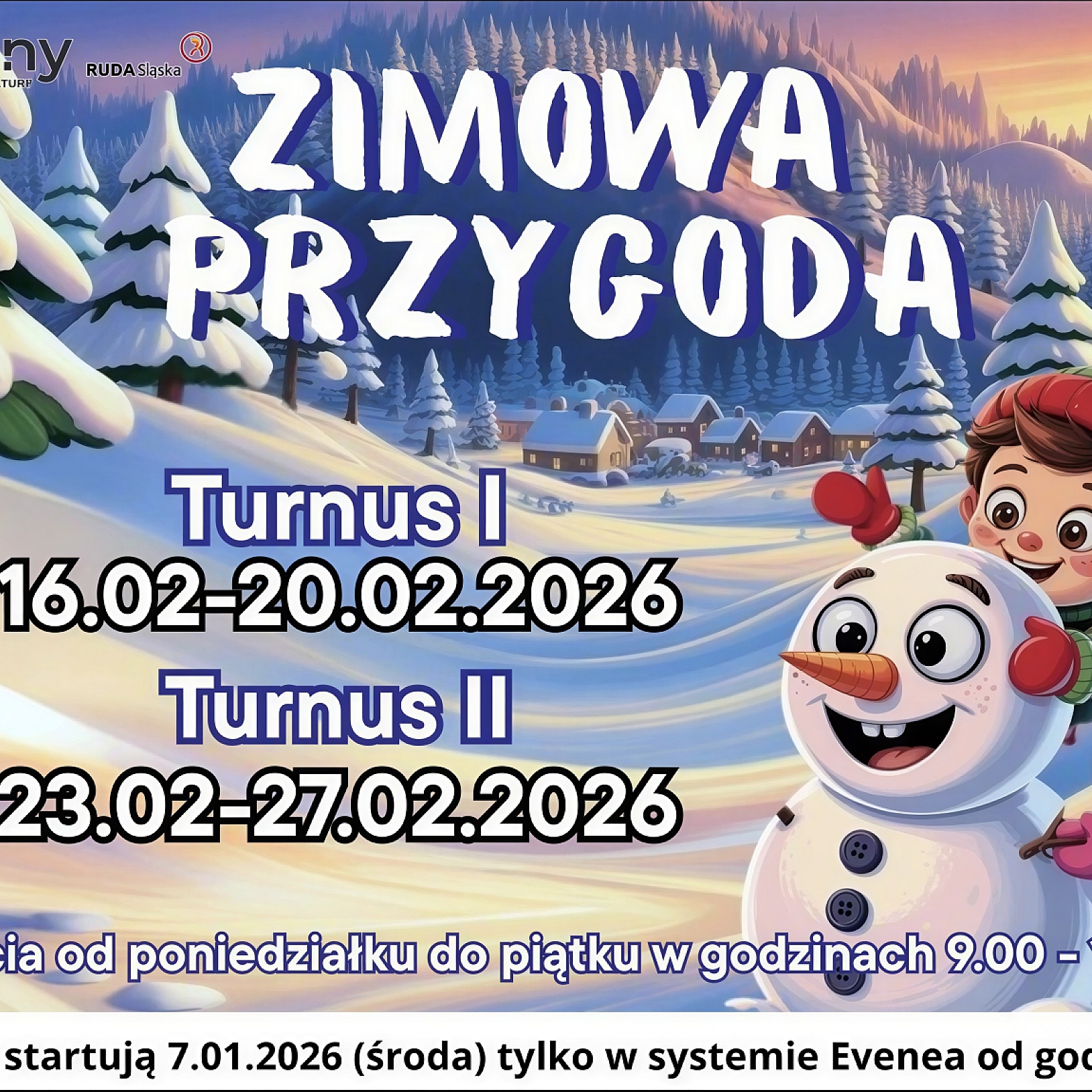 Plakat wydarzenia ferie "Zimowa przygoda" w MDK Ruda Śląska