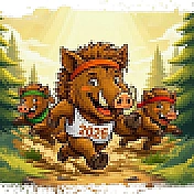 trzy rysunkowe biegnące dziki na tle lasu