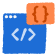 Ikona przedstawiająca niebieskie okno z symbolami kodu oraz pomarańczowy blok z nawiasami klamrowymi, sugerująca temat programowania lub aplikacji webowych.