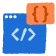 Ikona przedstawiająca niebieskie okno z symbolami kodu oraz pomarańczowy blok z nawiasami klamrowymi, sugerująca temat programowania lub aplikacji webowych.