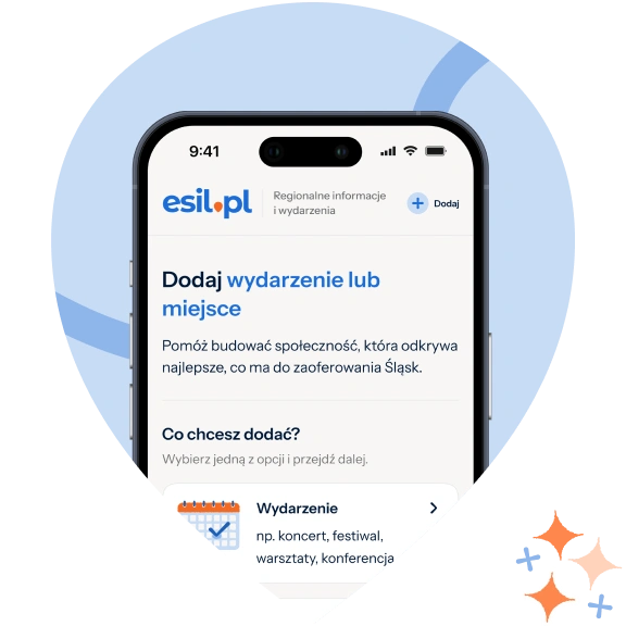 Zrzut ekranu ze smartfona z aplikacją esil.pl, pokazującą formularz do dodawania wydarzenia lub miejsca na Śląsku. Tło w kształcie znacznika lokalizacji, z niebieskimi akcentami graficznymi.