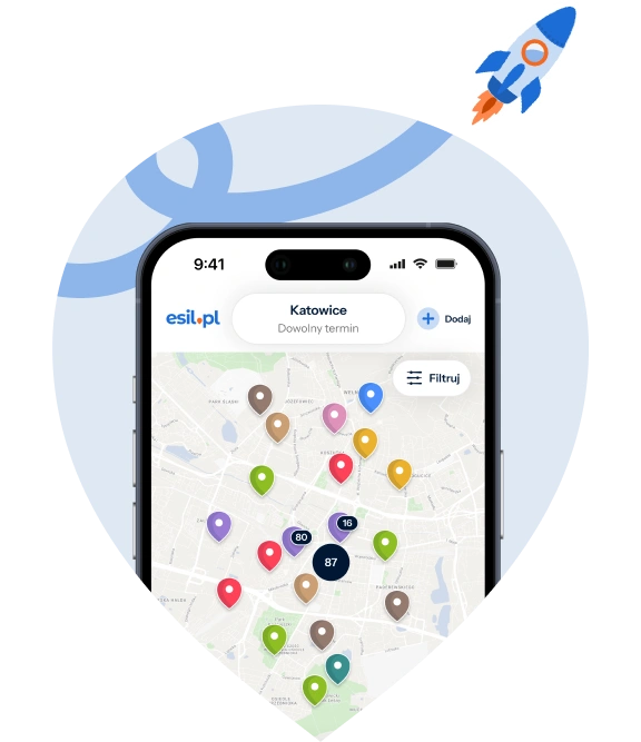 Zrzut ekranu aplikacji esil.pl pokazującej mapę Katowic z kolorowymi pinezkami lokalizacji. W tle niebieski znacznik lokalizacji i ilustracja rakiety w prawym górnym rogu.