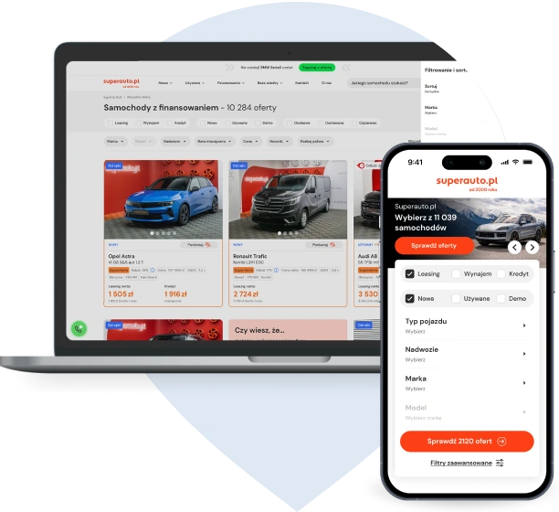Zrzut ekranu z serwisu superauto.pl pokazujący stronę internetową z ofertami samochodów oraz interfejs aplikacji mobilnej z filtrami wyszukiwania pojazdów. Na ekranach widoczne zdjęcia aut i ceny.