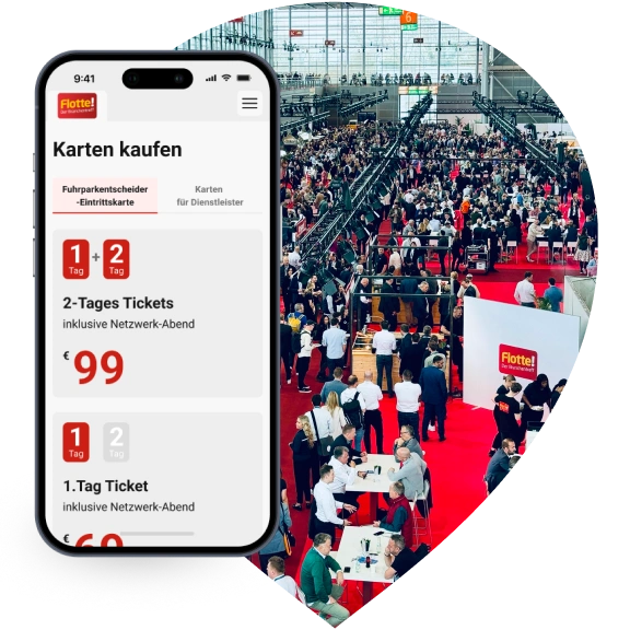 Zdjęcie dużego wydarzenia targowego z czerwonym dywanem i tłumem ludzi. Na pierwszym planie ekran smartfona z aplikacją do zakupu biletów Flotte!, pokazującą ceny biletów jedno- i dwudniowych.