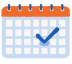 Ikona przedstawiająca kalendarz z pomarańczową górną krawędzią i niebieskim znakiem wyboru (check) na jednej z dat, symbolizująca zaplanowane wydarzenie.