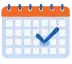 Ikona przedstawiająca kalendarz z pomarańczową górną krawędzią i niebieskim znakiem wyboru (check) na jednej z dat, symbolizująca zaplanowane wydarzenie.