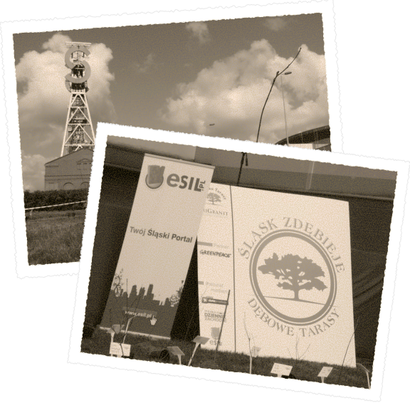 Czarno-białe zdjęcia zestawione razem. Na jednym widoczna wieża szybowa kopalni pod pochmurnym niebem. Na drugim baner z napisem 'Śląsk Zdębieje – Dębowe Tarasy' i logo portalu esil.pl.