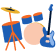 Ikona przedstawiająca zestaw instrumentów muzycznych – perkusję, gitarę basową i talerz perkusyjny – w kolorach niebieskim i pomarańczowym, symbolizująca koncert.