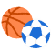 Ikona przedstawiająca pomarańczową piłkę do koszykówki i niebiesko-białą piłkę nożną, symbolizująca zawody sportowe lub aktywności fizyczne.