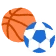 Ikona przedstawiająca pomarańczową piłkę do koszykówki i niebiesko-białą piłkę nożną, symbolizująca zawody sportowe lub aktywności fizyczne.