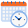 Ikona kalendarza z niebieskimi kratkami, pomarańczowym nagłówkiem oraz niebieskim zegarem.