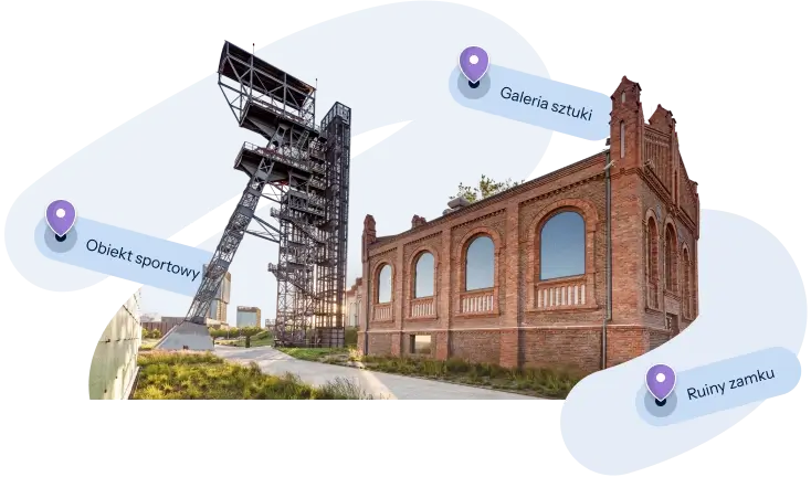 Grafika przedstawiająca industrialną przestrzeń z wieżą szybu kopalnianego i ceglaną zabytkową halą. Na obraz nałożone są trzy etykiety z fioletowymi pinezkami: „Obiekt sportowy", „Galeria sztuki" oraz „Ruiny zamku". Tło jest stylizowane, jasnoniebieskie, tworząc abstrakcyjny kształt.