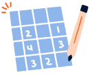 Ilustracja przedstawiająca planszę sudoku z ołówkiem i kolorowymi cyframi