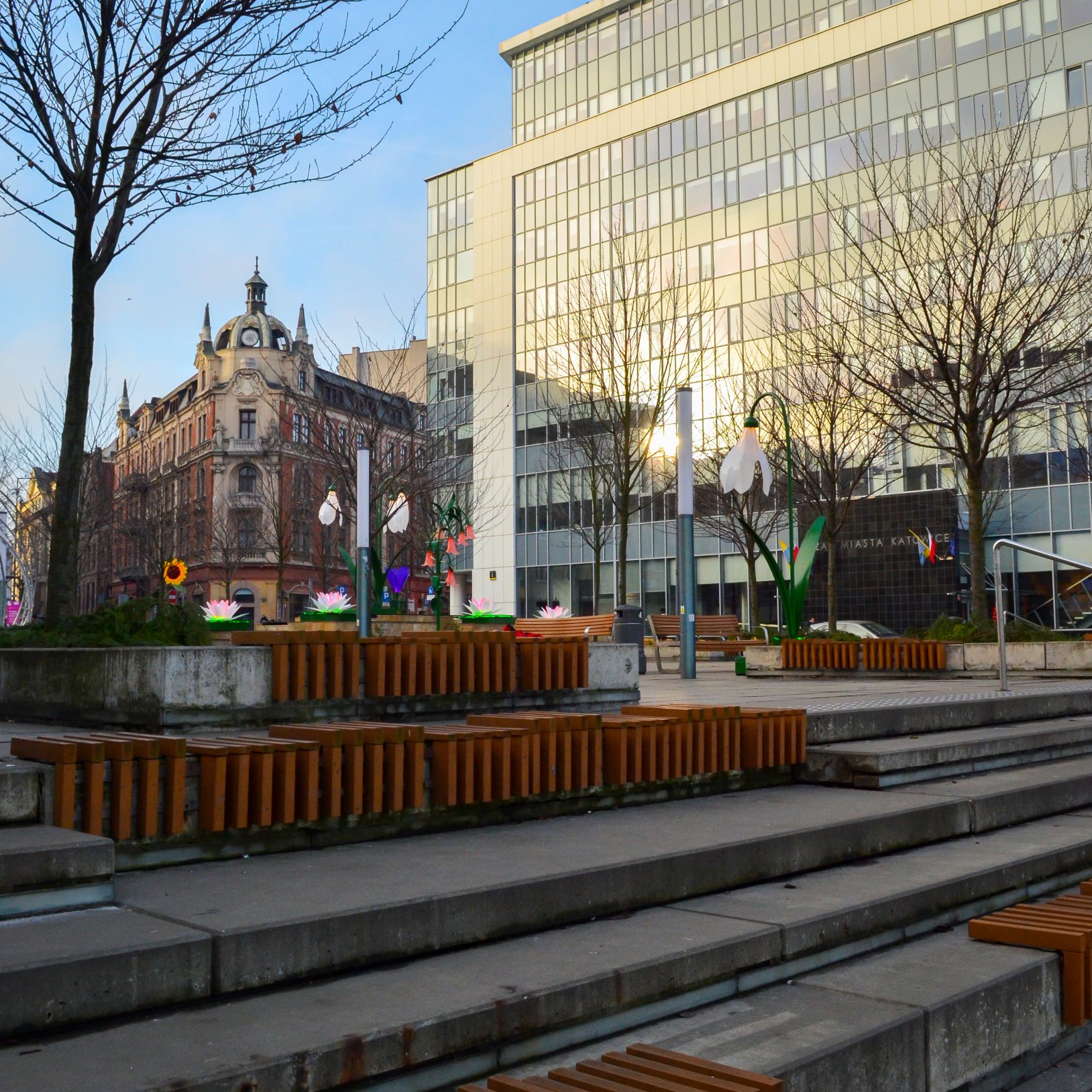 "Widok na Plac Kwiatowy w Katowicach z nowoczesną zabudową biurową w tle i ozdobami w formie kolorowych, dużych kwiatów z tworzywa. Na placu znajdują się betonowe tarasy i ławki z drewnianymi siedziskami. Po lewej stronie widoczna jest zabytkowa kamienica