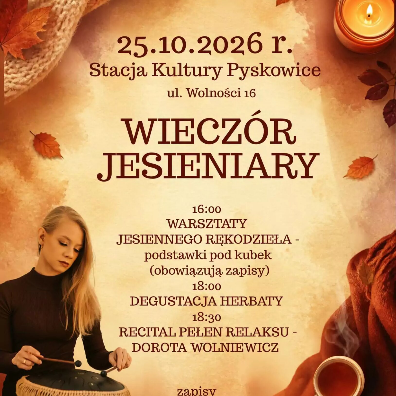 plakat wydarzenia Wieczór Jesieniary w brązowych kolorach, po lewej siedząca kobieta grająca na tongue drumie