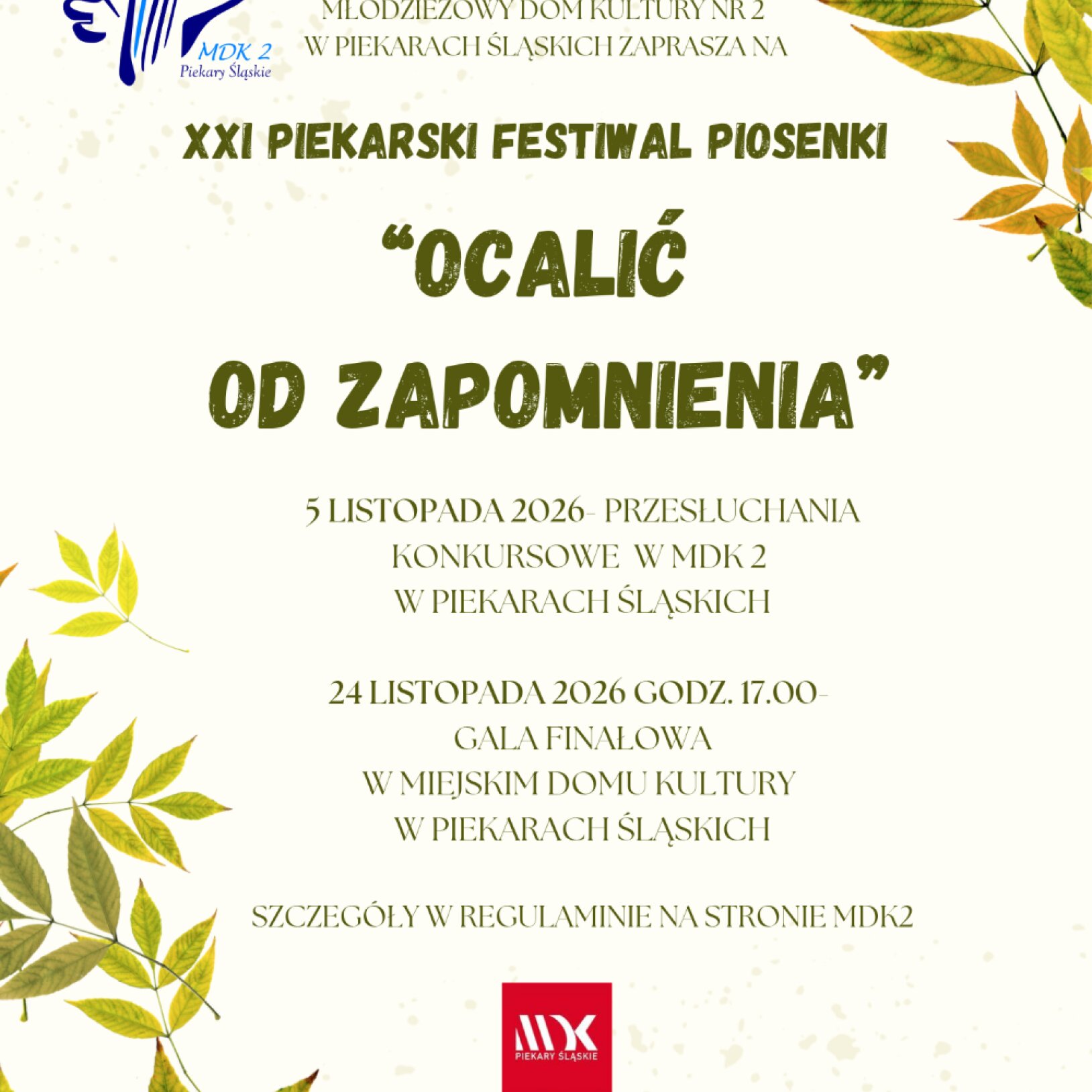 plakat XXI Piekarski Festiwal Piosenki Ocalić od zapomnienia