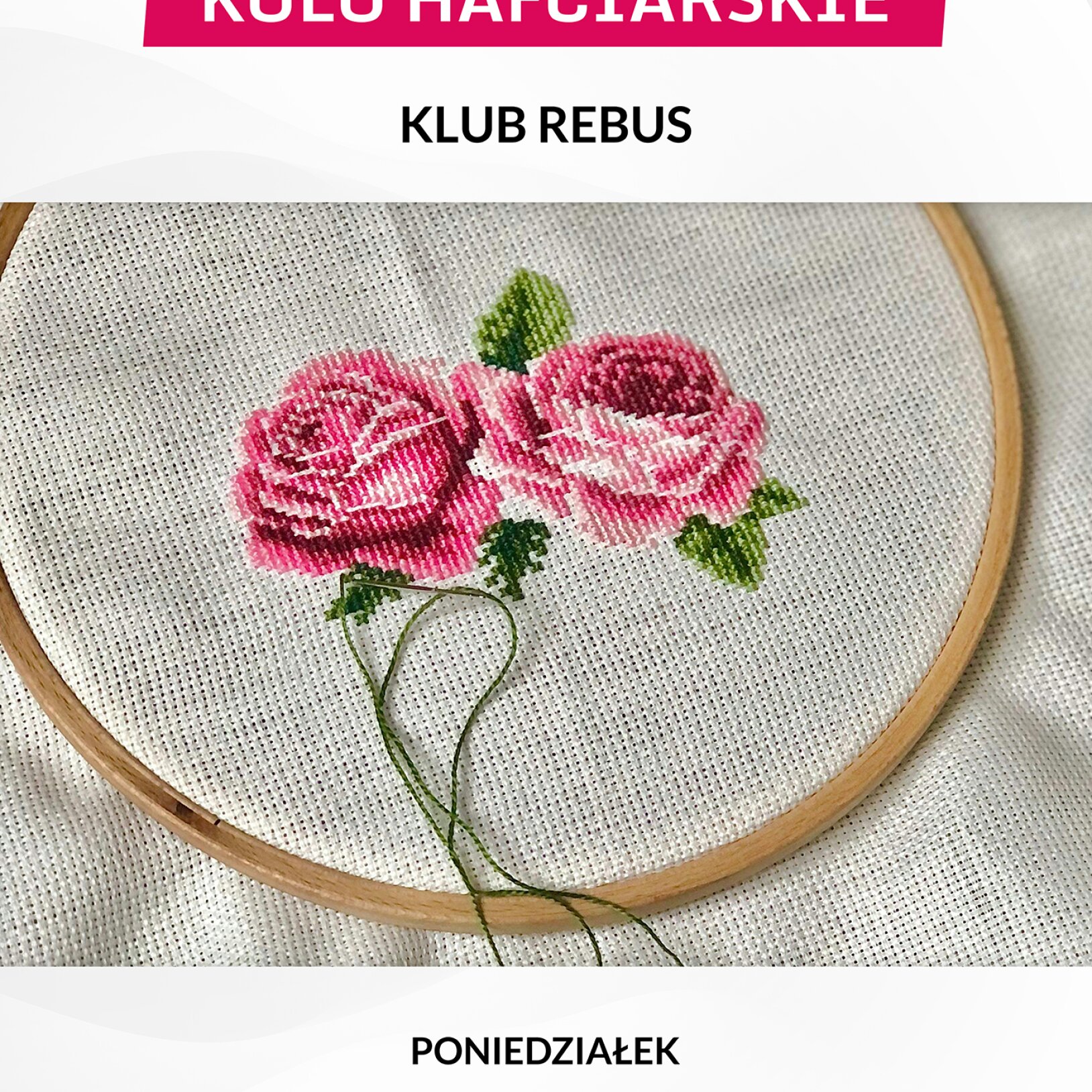 plakat ze zdjęciem tamborka i haftowanym wzorem róż