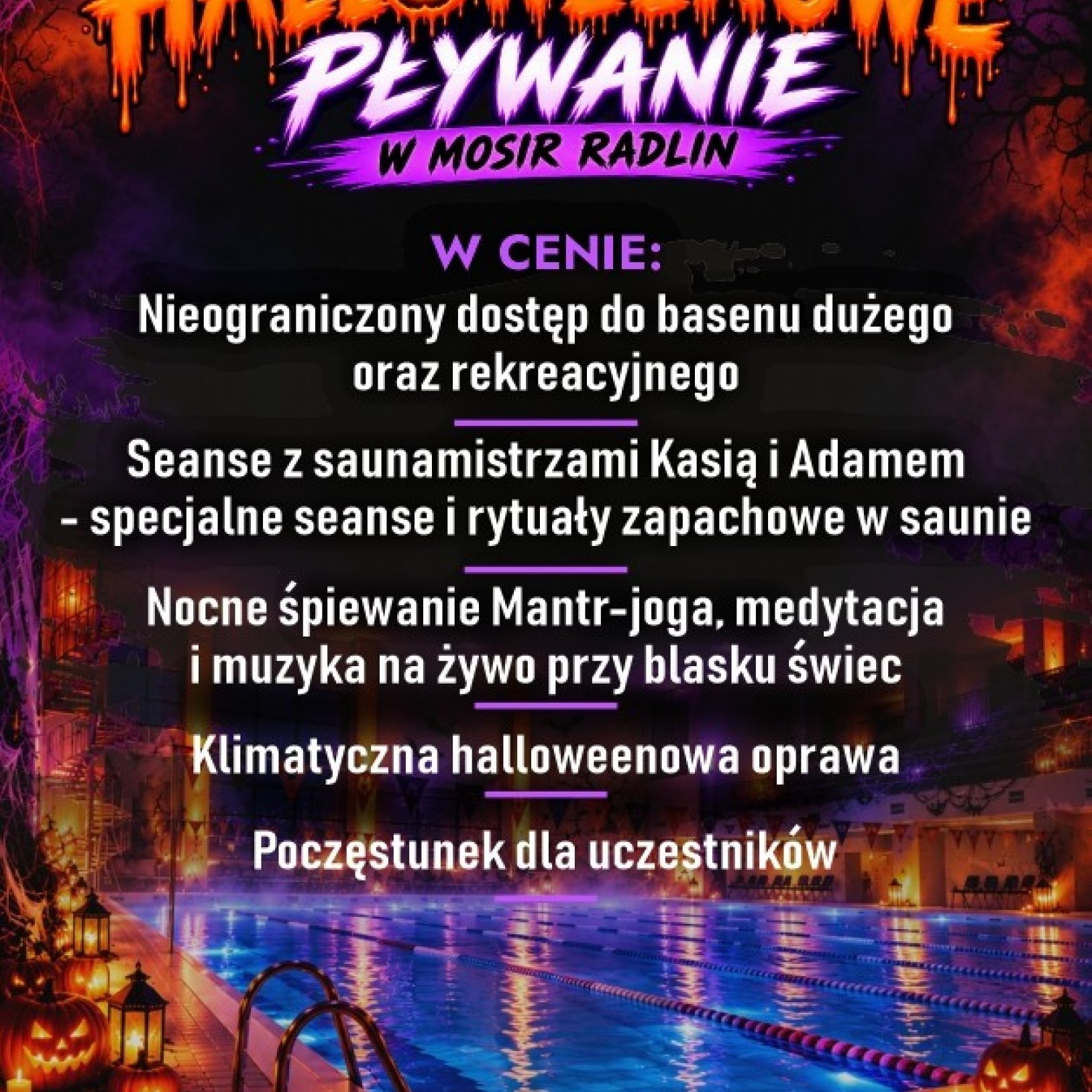 plakat wydarzenia Nocne Halloweenowe pływanie z tekstami