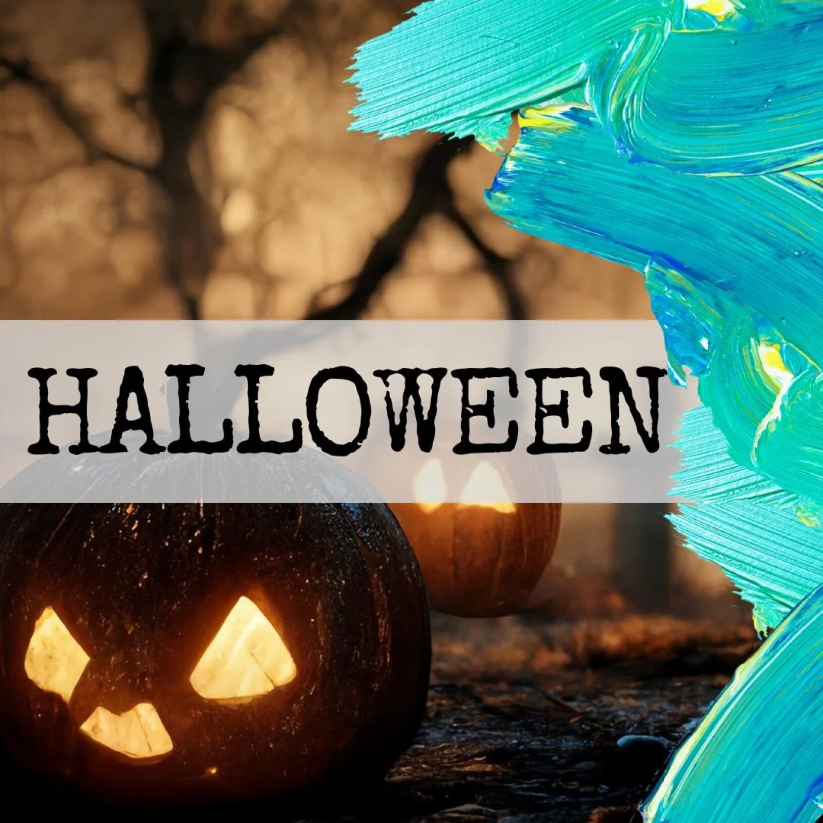 zdjęcie dyni z nałożonym tekstem HALLOWEEN oraz śladami niebieskiem farby po prawej