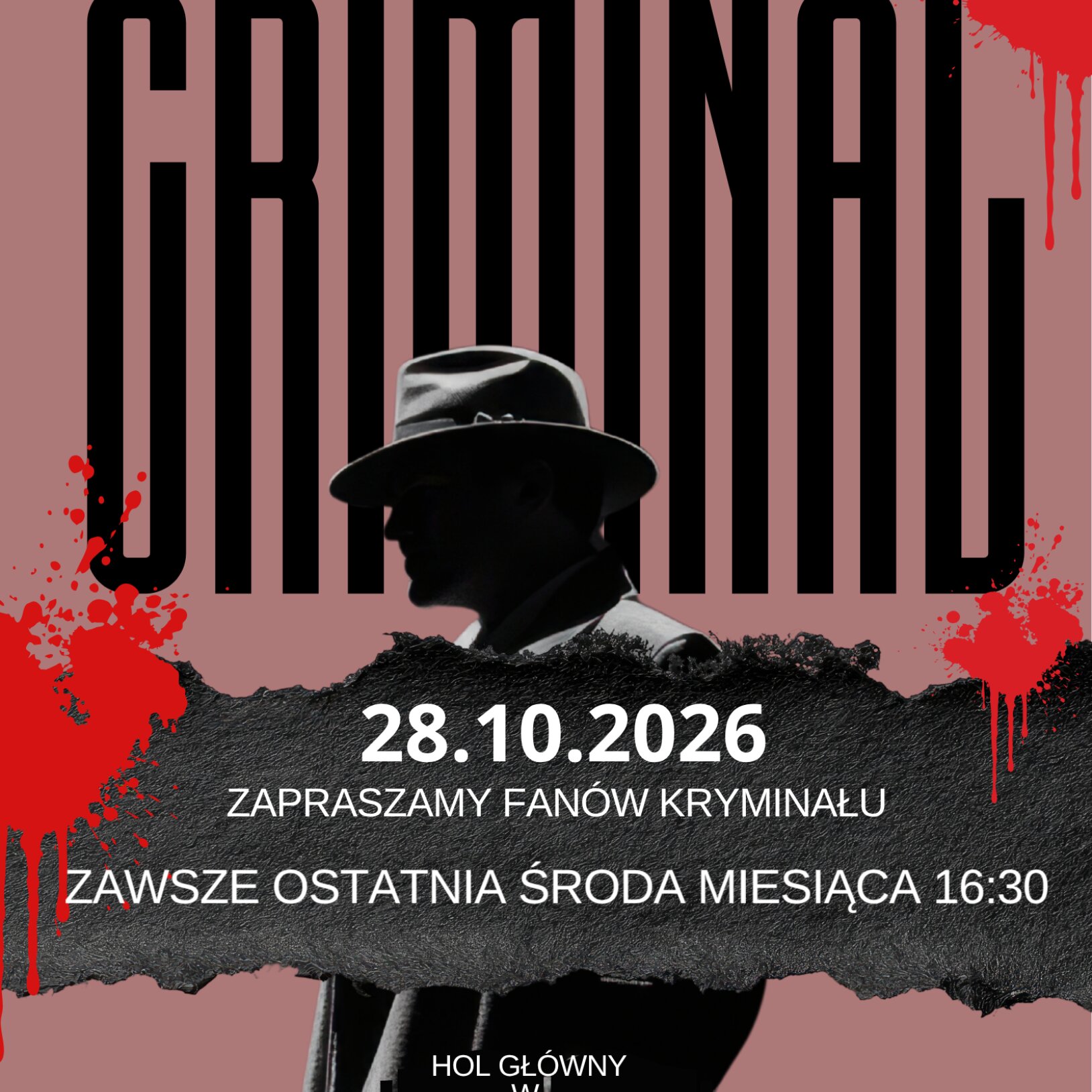 Mężczyzna w kapeluszu na tle plakatu przedstawiającego wydarzenie
