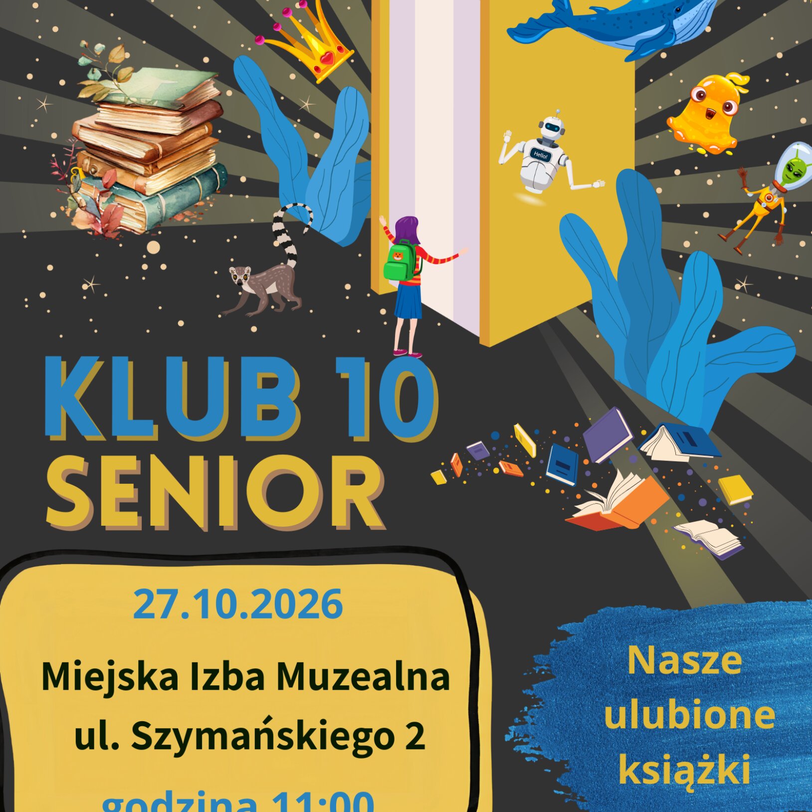 Książki na tle plakatu przedstawiającego wydarzenie
