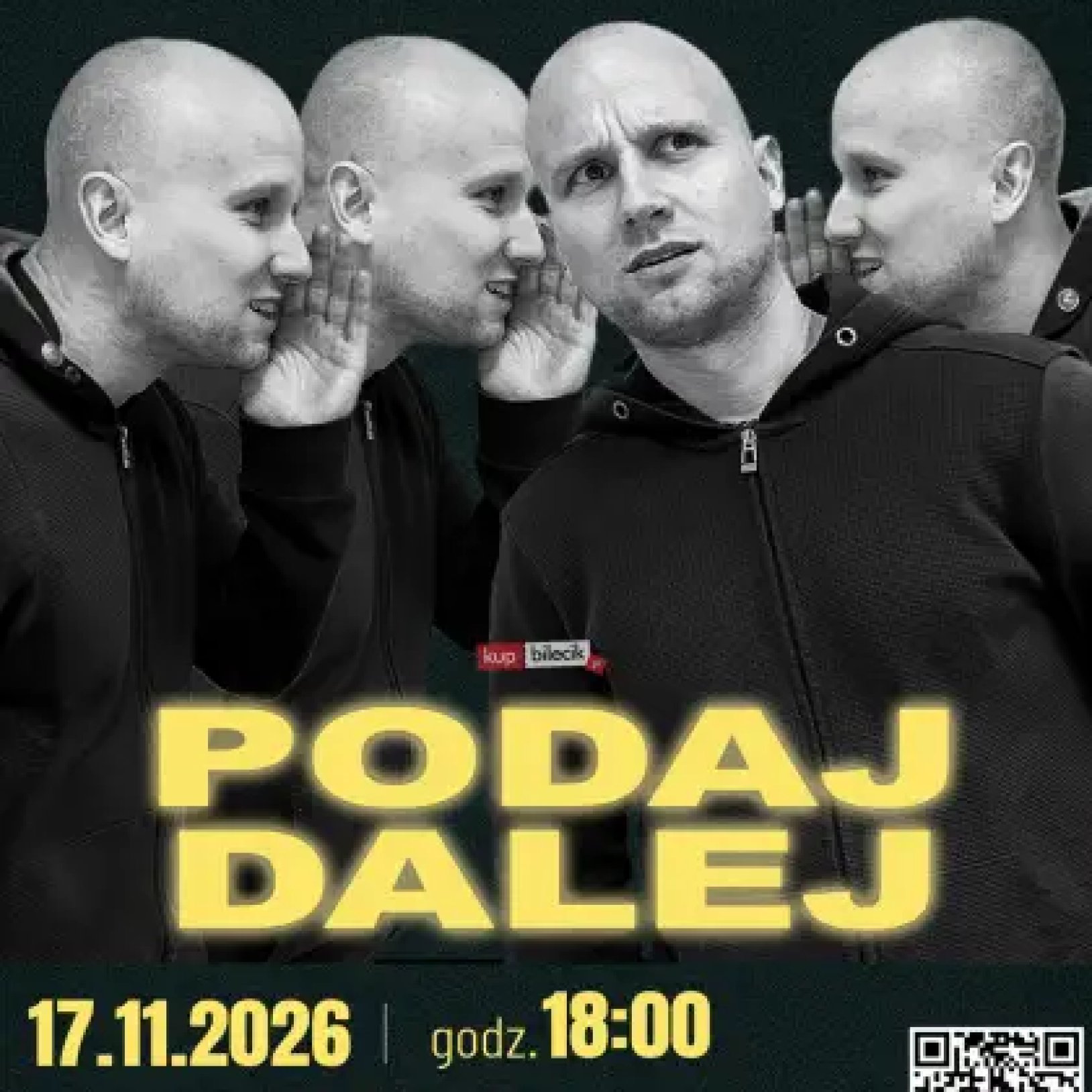 plakat z czarno-białymi zdjęciami Macieja Brudzewskiego oraz żółtym napisem STAND-UP COMEDY | MACIEJ BRUDZEWSKI | PODAJ DALEJ