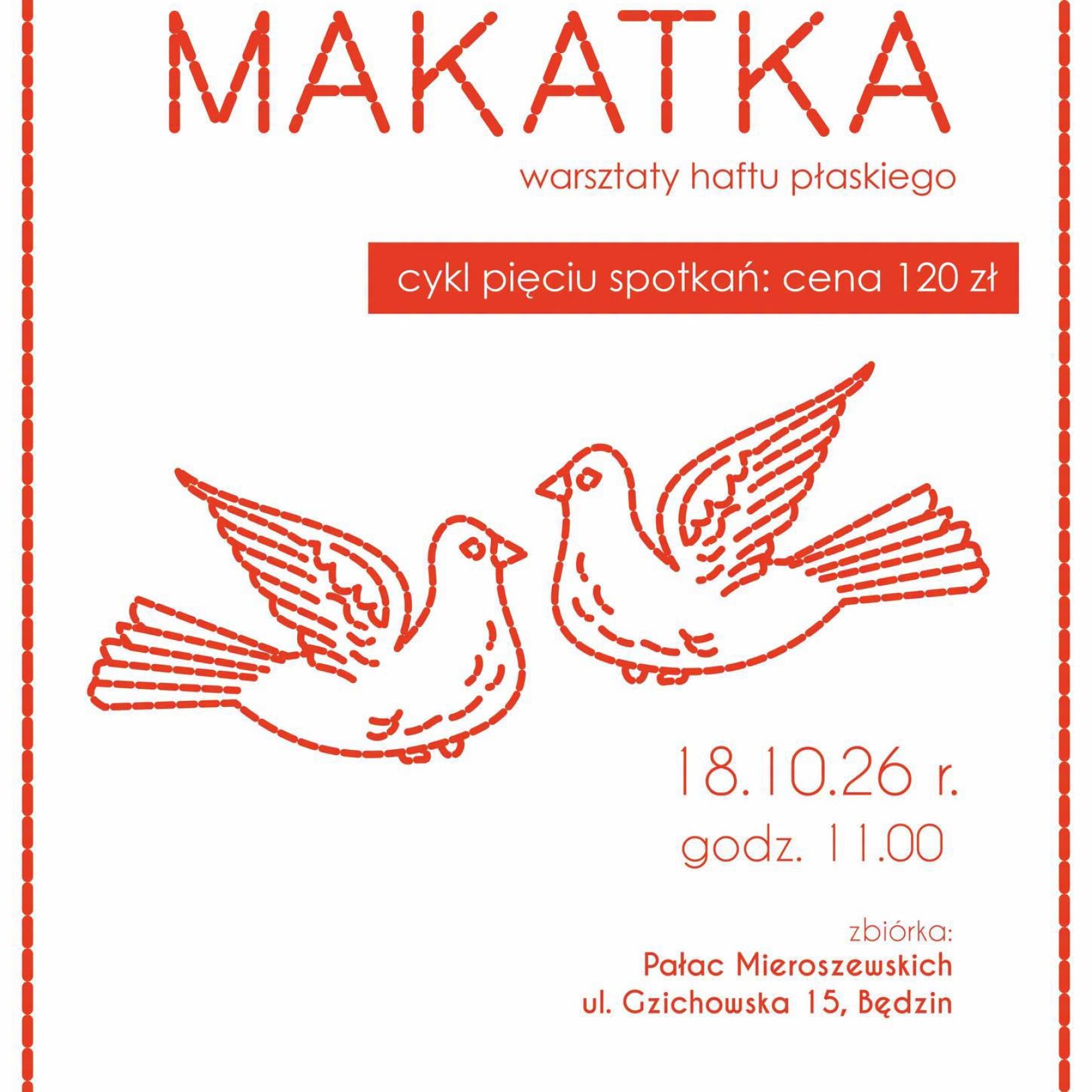 plakat biały z czerwonym wzorem imitującym haft - Makatka – warsztaty haftu płaskiego
