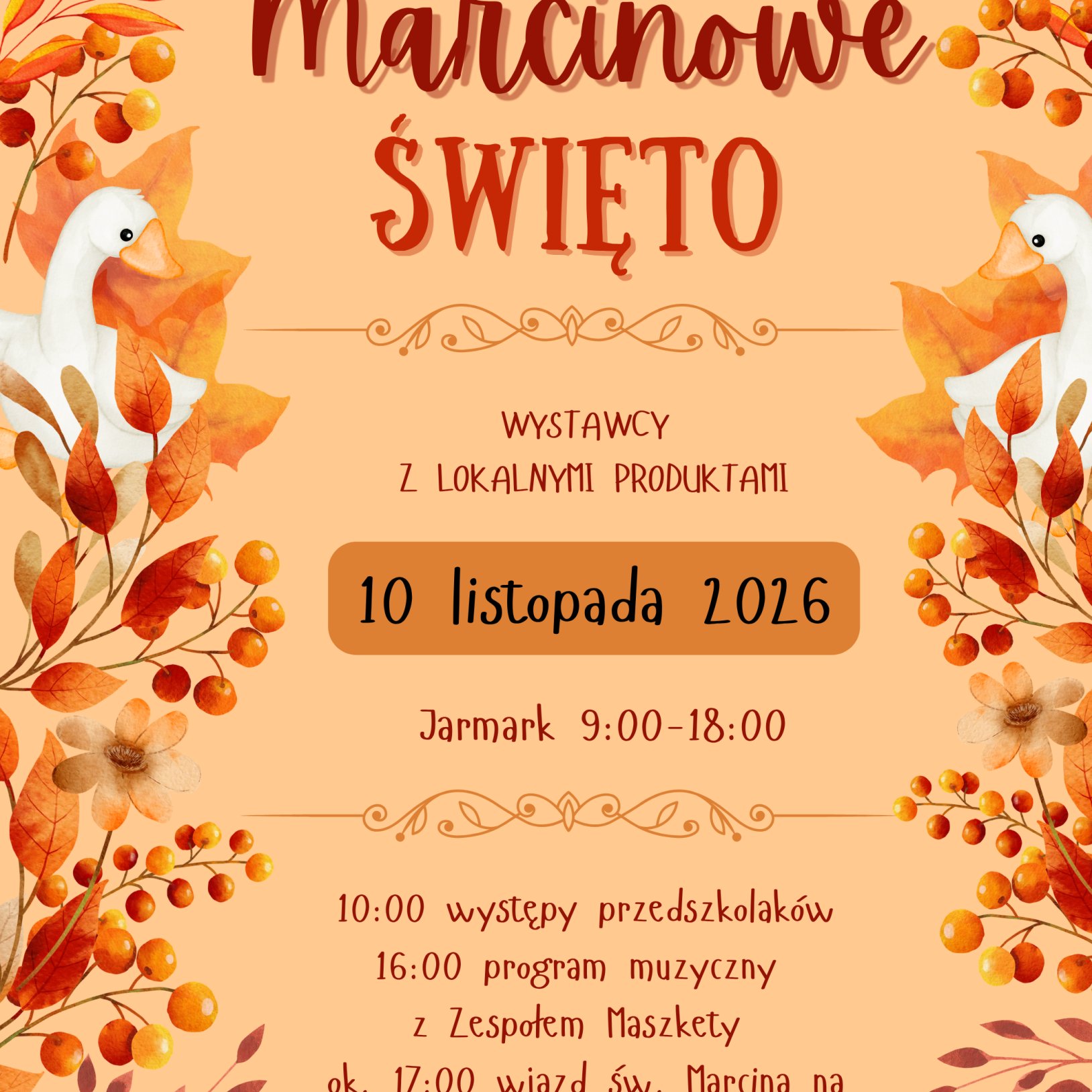 plakat Marcinowego Święta w pomarańczowym kolorze, po bokach ilustracje przedstawiające dynie, gęsi i jesienne rośliny