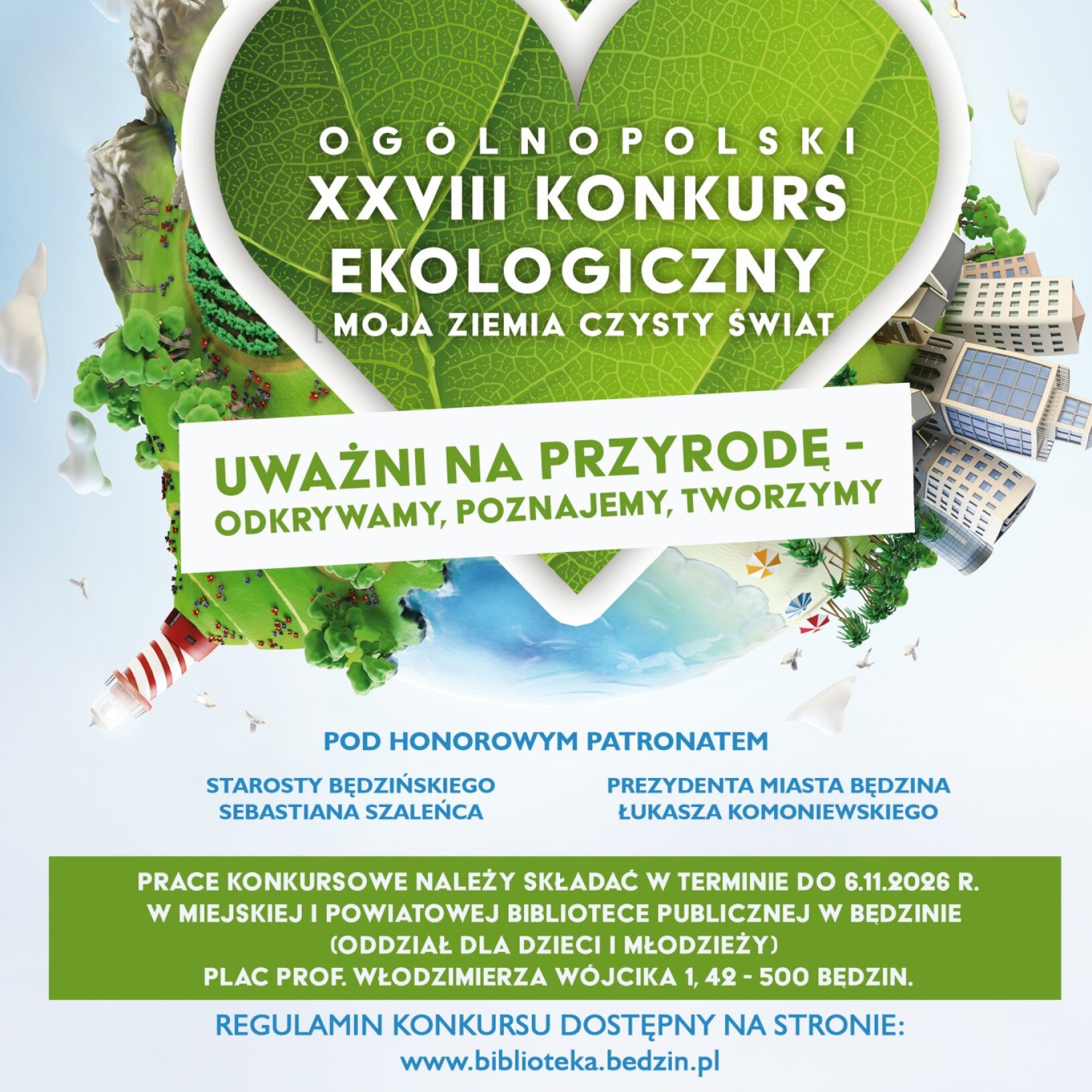 plakat z zielonym liściem w kształcie serca oraz z informacjami na temat XXVIII edycji Ogólnopolskiego Konkursu Ekologicznego Moja Ziemia – Czysty Świat