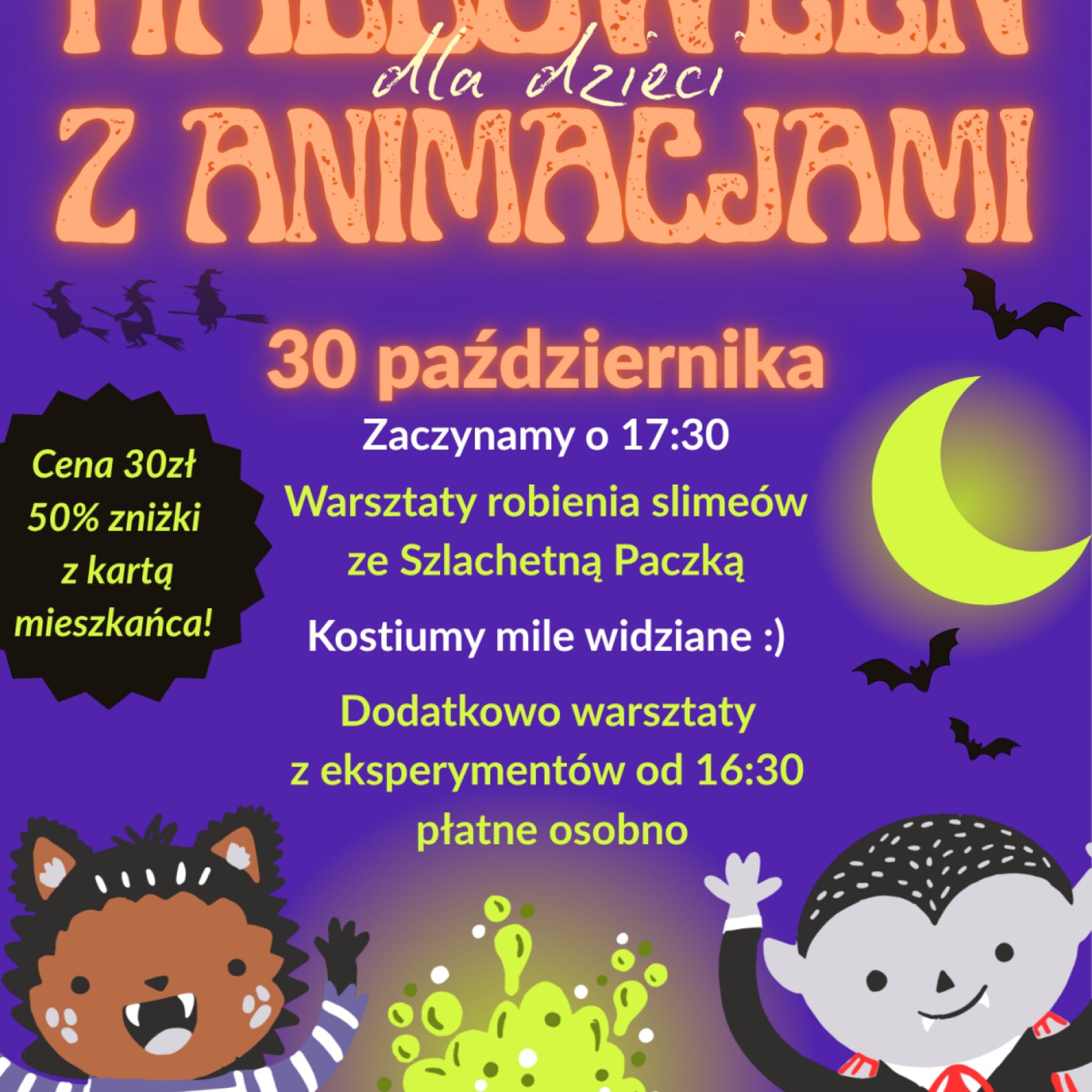plakat fioletowy Halloween dla dzieci z animacjami