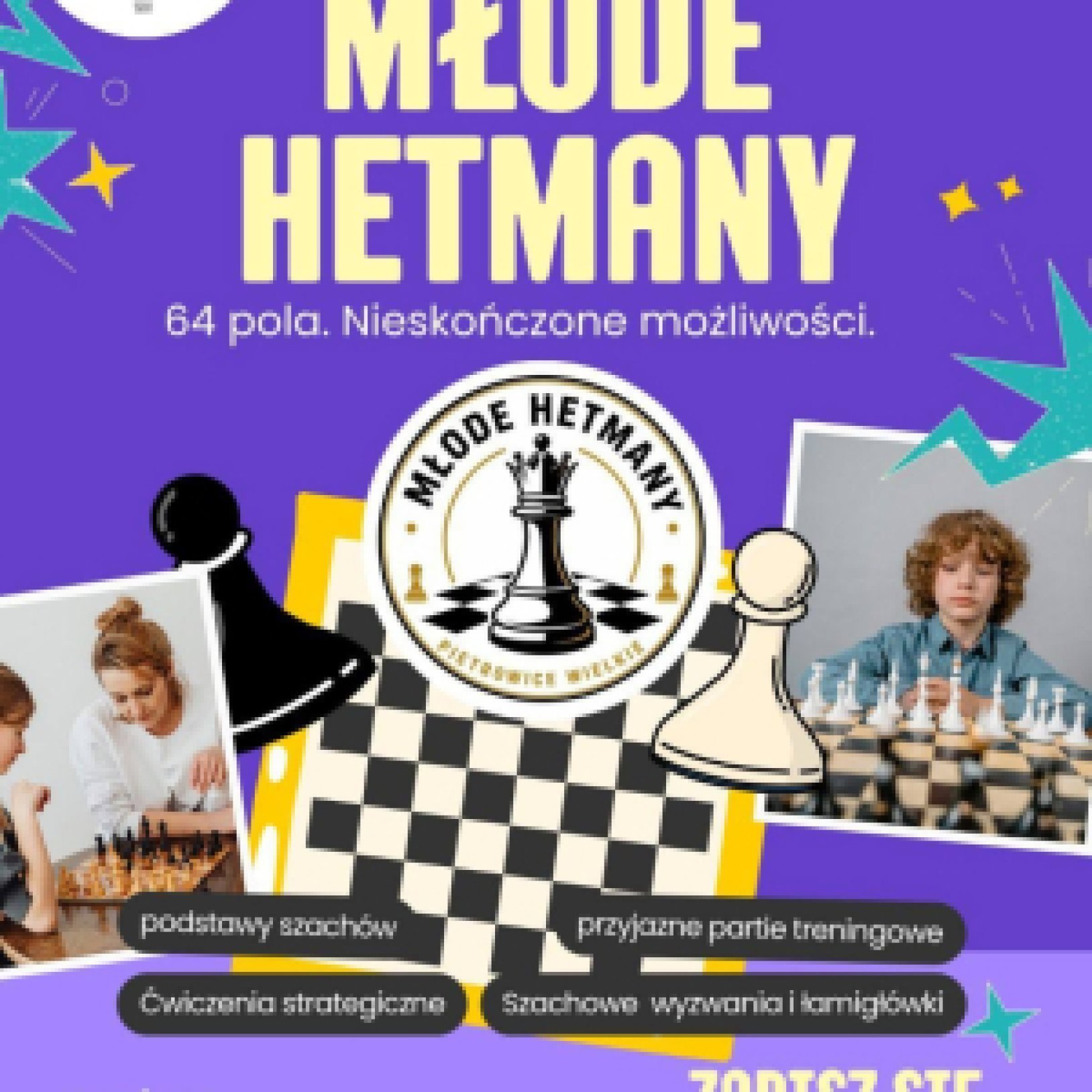 plakat Klubu szachowego Młode Hetmany w fioletowym kolorze, ze zdjęciami przedstawiającymi grę w szachy oraz ilustracjami szachownicy i figur szachowych