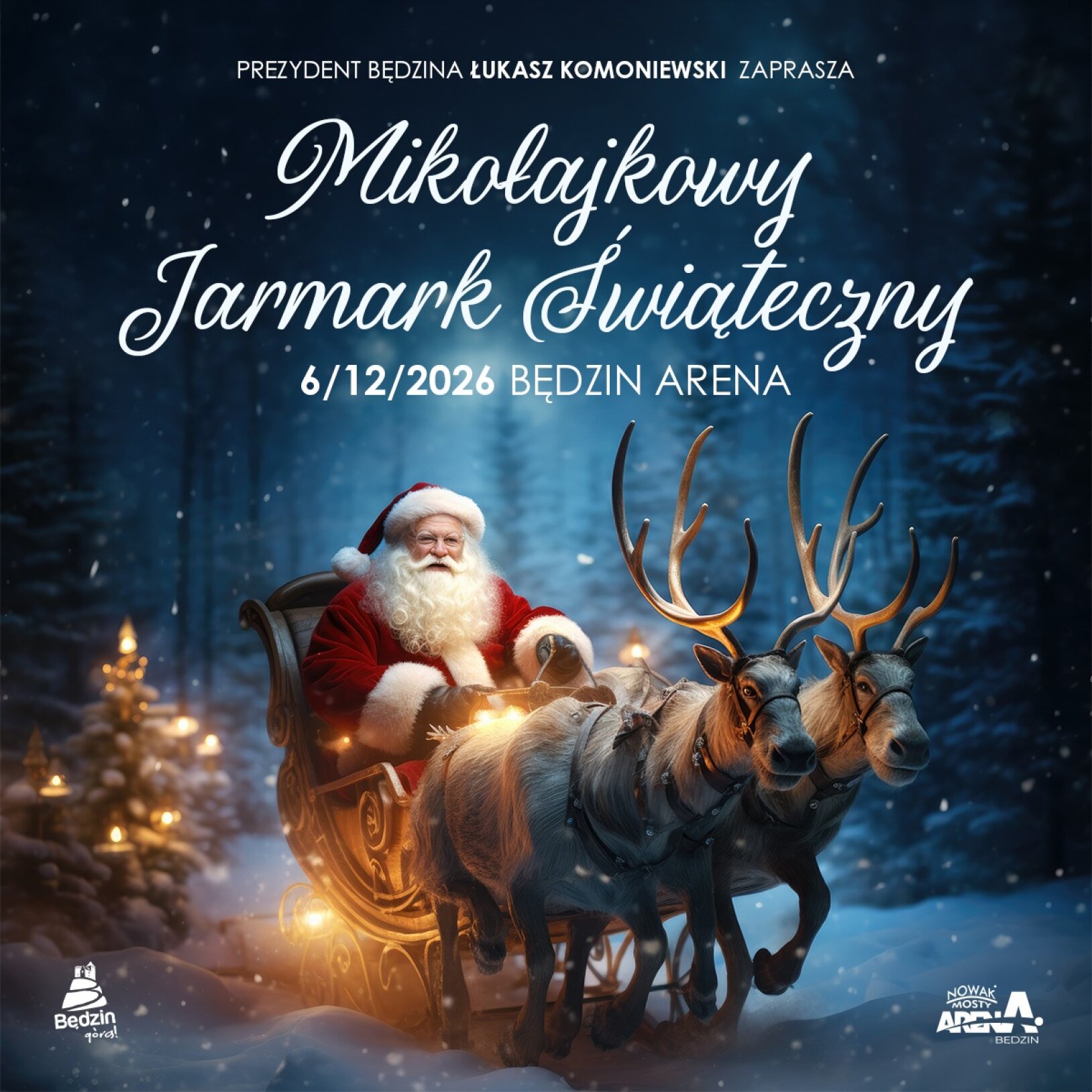 plakat z ilustracją przedstawiającą Świętego Mikołaja w wozie ciągniętym przez renifery. nad nimi napisy: Mikołajkowy Jarmark Świąteczny