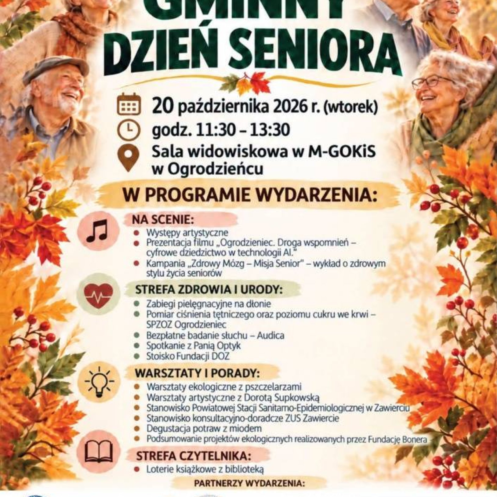 Plakat przedstawiający wydarzenie, otaczają go jesienne liście oraz twarze seniorów