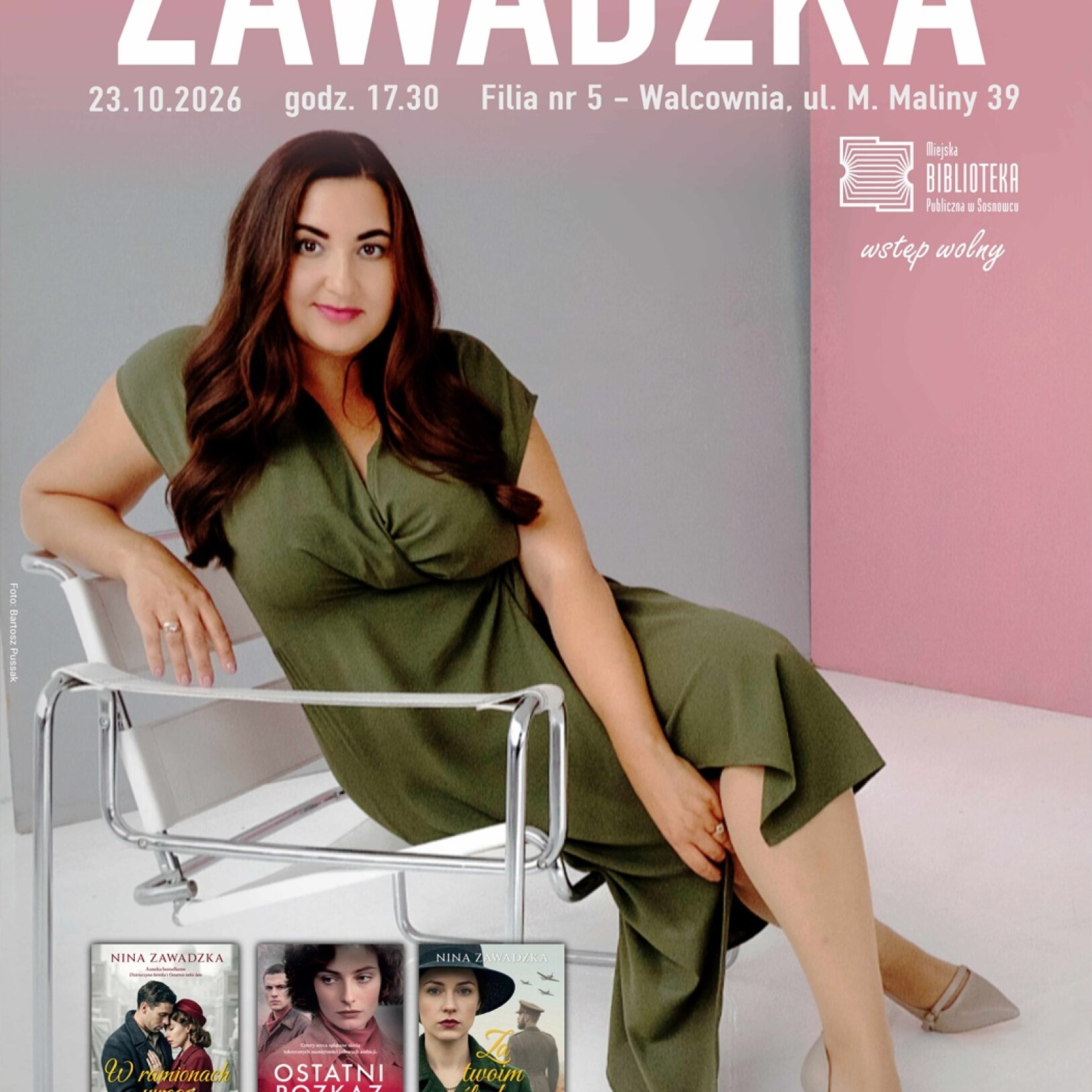 plakat Spotkania autorskie z Niną Zawadzką ze zdjęciem autorki