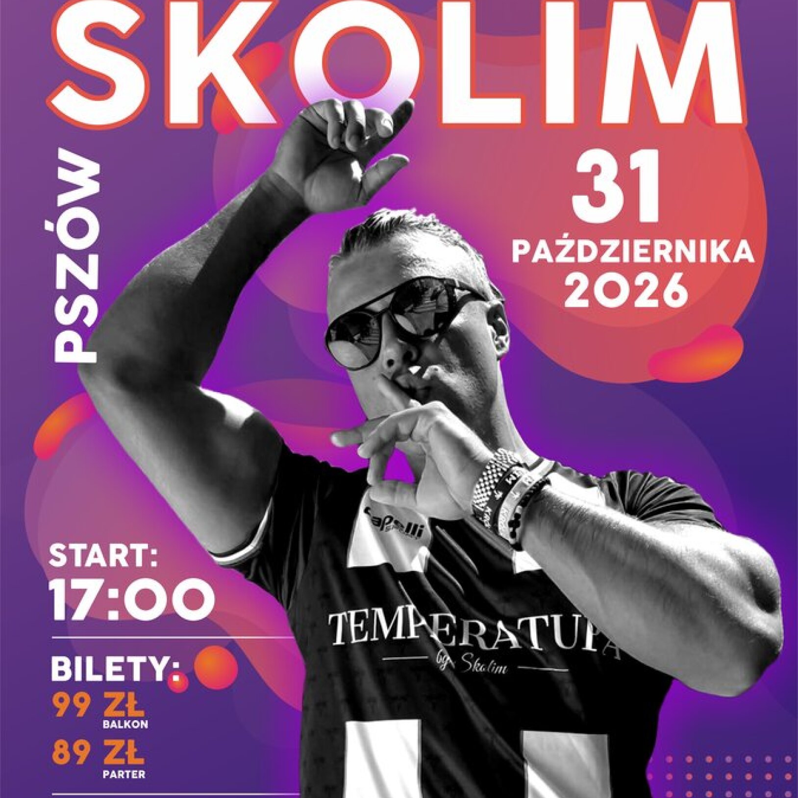 Plakat promujący koncert SKOLIMA – artysta na pierwszym planie, w tle dynamiczne przejście kolorów fioletu i pomarańczu, a całość uzupełniają czytelne, białe napisy z najważniejszymi informacjami o wydarzeniu