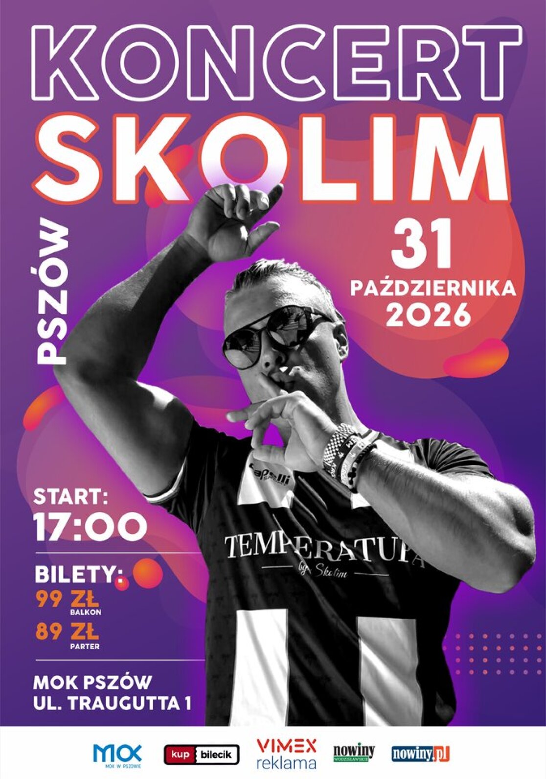 Plakat promujący koncert SKOLIMA – artysta na pierwszym planie, w tle dynamiczne przejście kolorów fioletu i pomarańczu, a całość uzupełniają czytelne, białe napisy z najważniejszymi informacjami o wydarzeniu