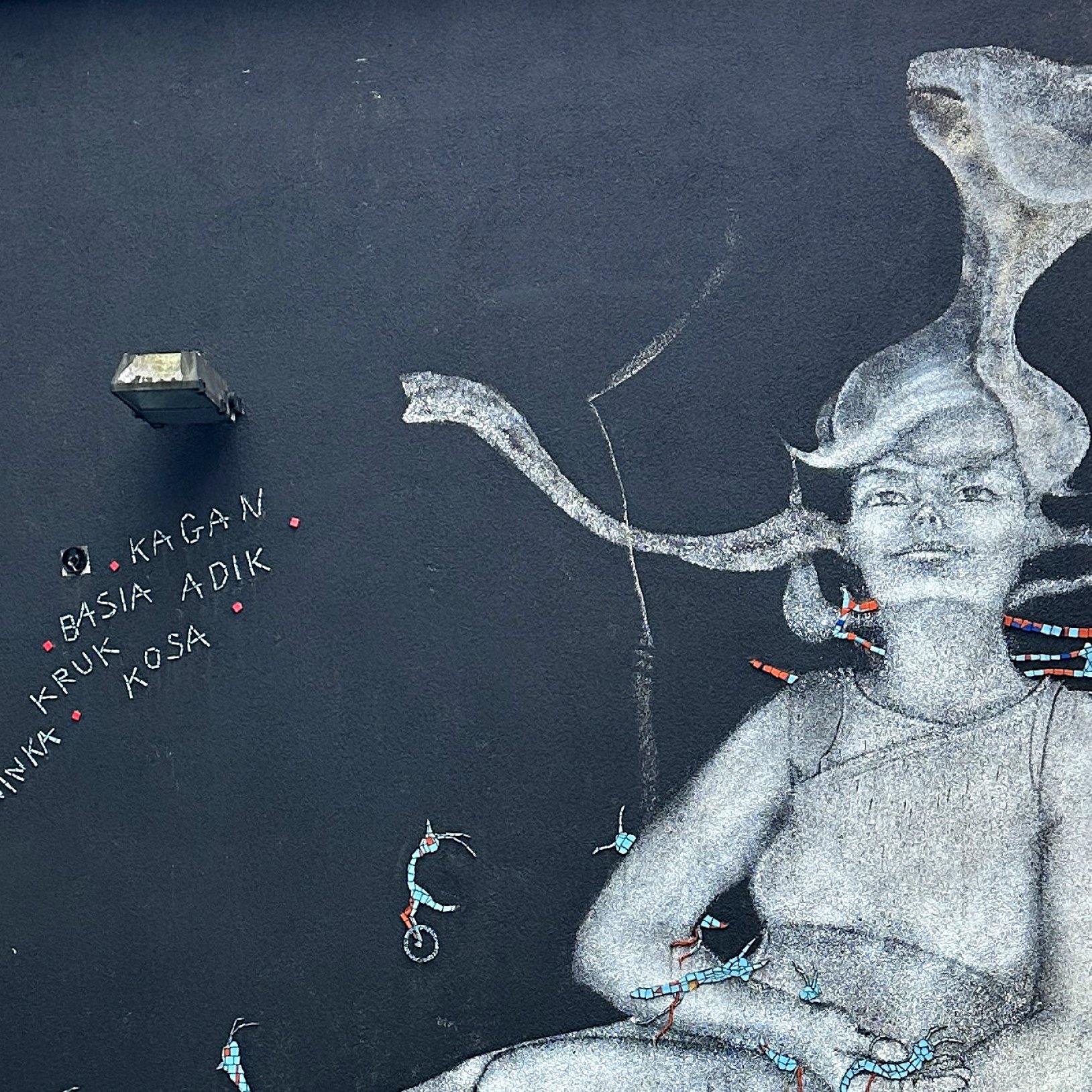 "Fragment muralu przedstawiającego postać kobiety na czarnym tle z nazwiskami wypisanymi kredą obok. Na ścianie znajdują się drobne dekoracje w kształcie owadów lub robaków."