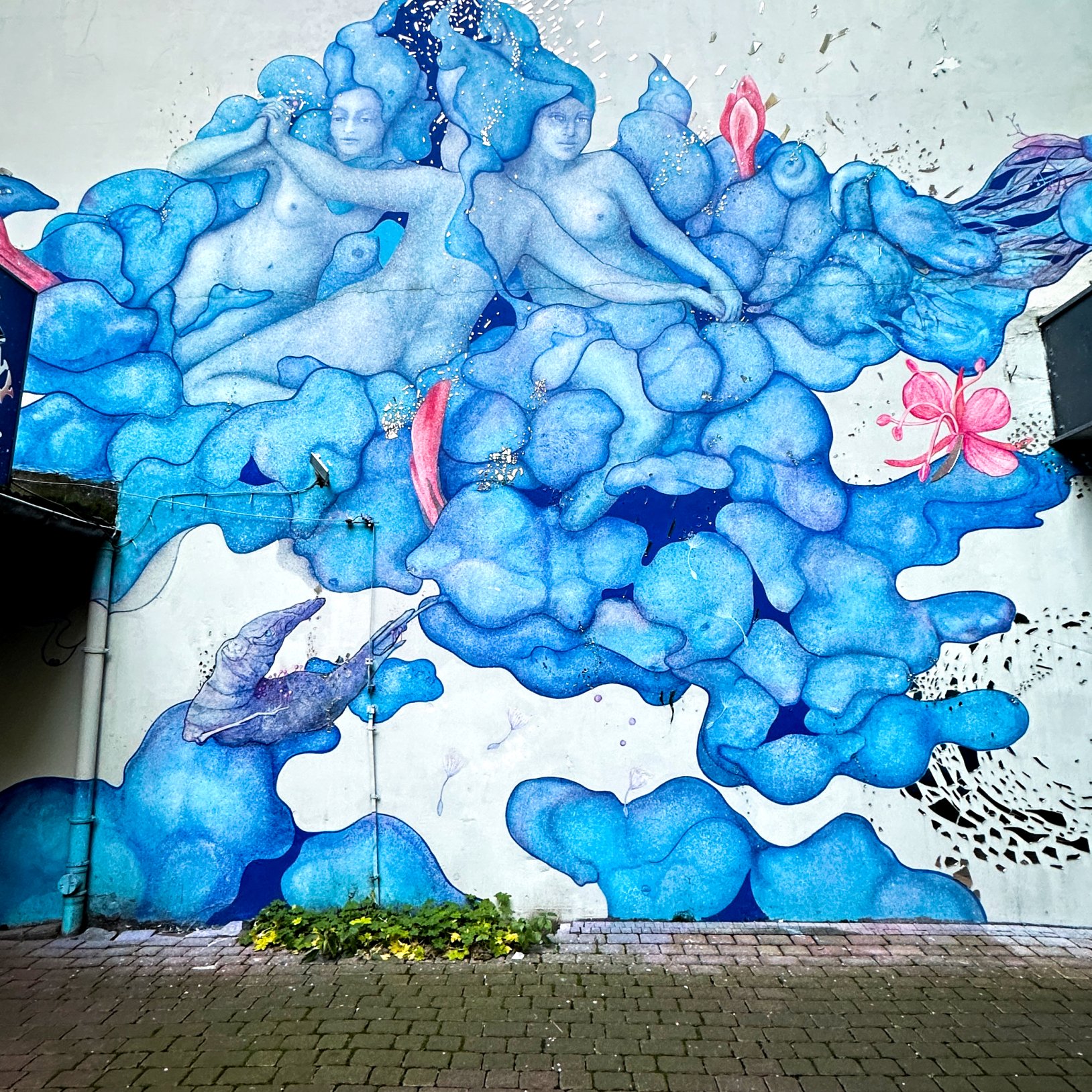 "Kolorowy mural na ścianie budynku przedstawiający dwie kobiece postacie unoszące się wśród niebieskich obłoków. Obok pojawiają się motywy kwiatów, muszli i abstrakcyjnych form."