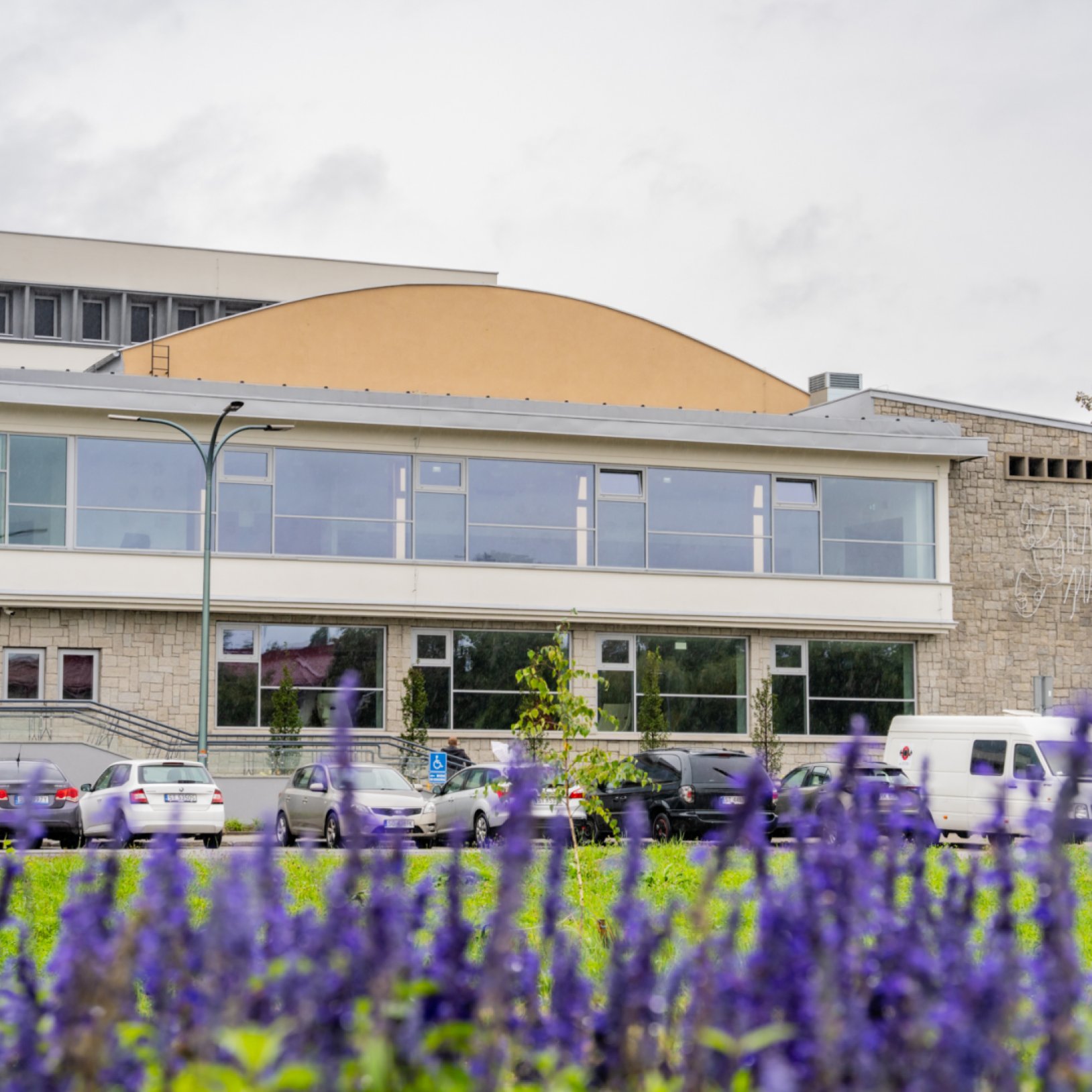 Widok zewnętrzny Teatru Małego w Tychach z żółtym, półokrągłym dachem i dużymi przeszkleniami. Przed budynkiem widoczne są zaparkowane samochody oraz rabata z fioletowymi kwiatami.
