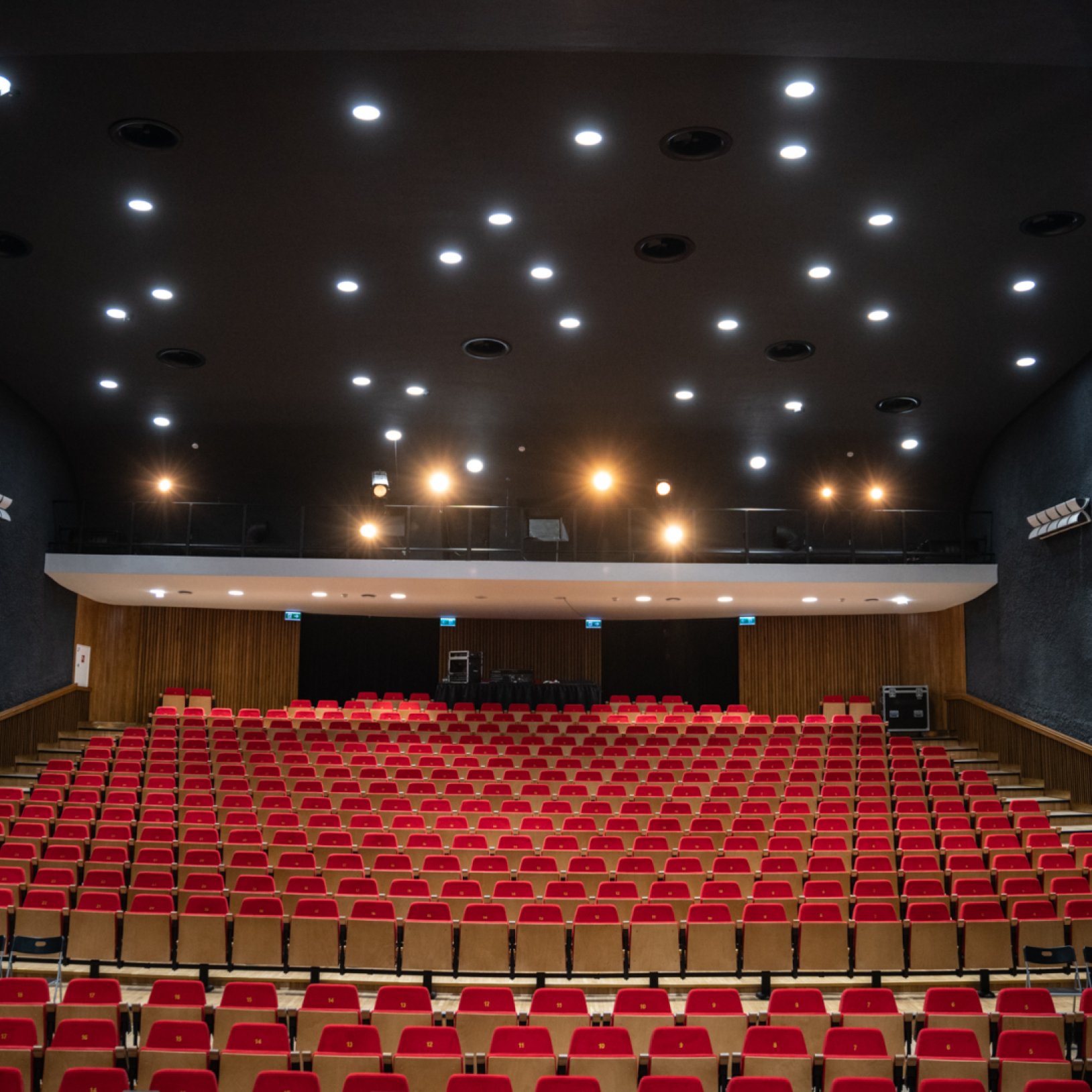 Wnętrze sali widowiskowej Teatru Małego w Tychach z czerwonymi fotelami i czarnym sufitem z oświetleniem punktowym. Widok z perspektywy sceny na widownię.