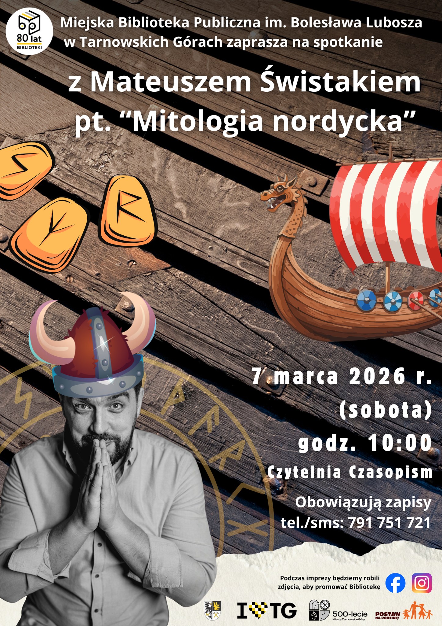 plakat wydarzenia "Mitologia Nordycka" dla dzieci z MBP w Tarnowskich Górach