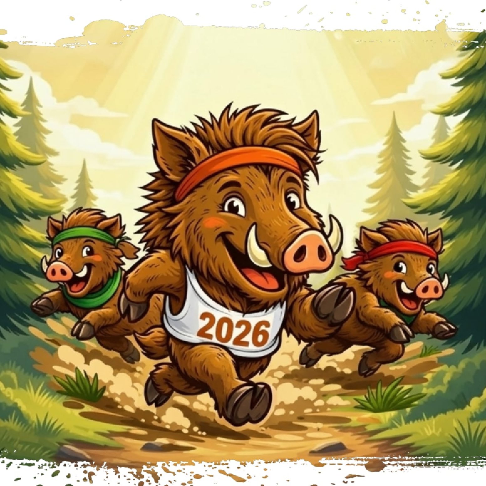 trzy rysunkowe biegnące dziki na tle lasu