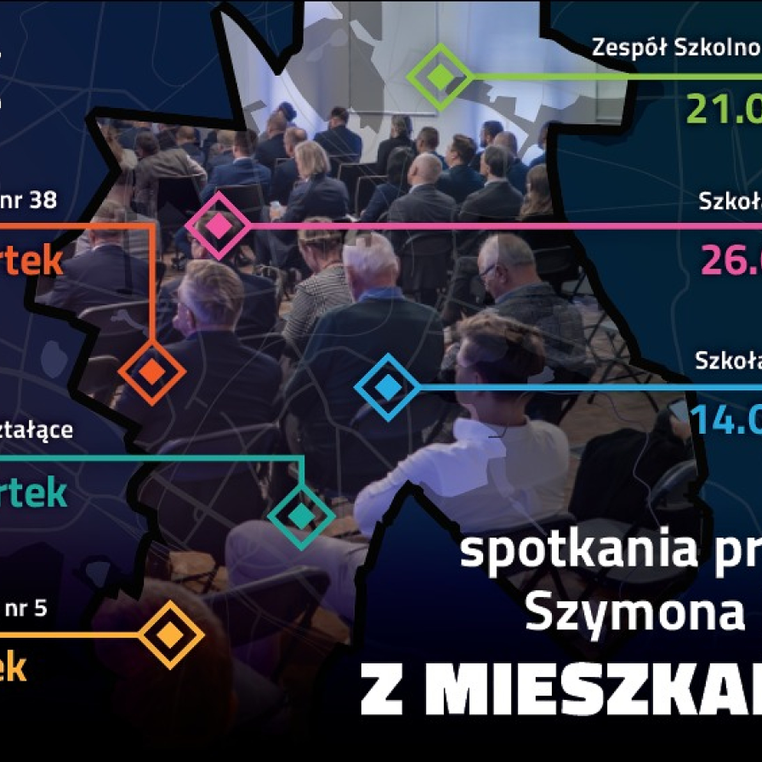 Grafika informacyjna z lokalizacjami i datami spotkań