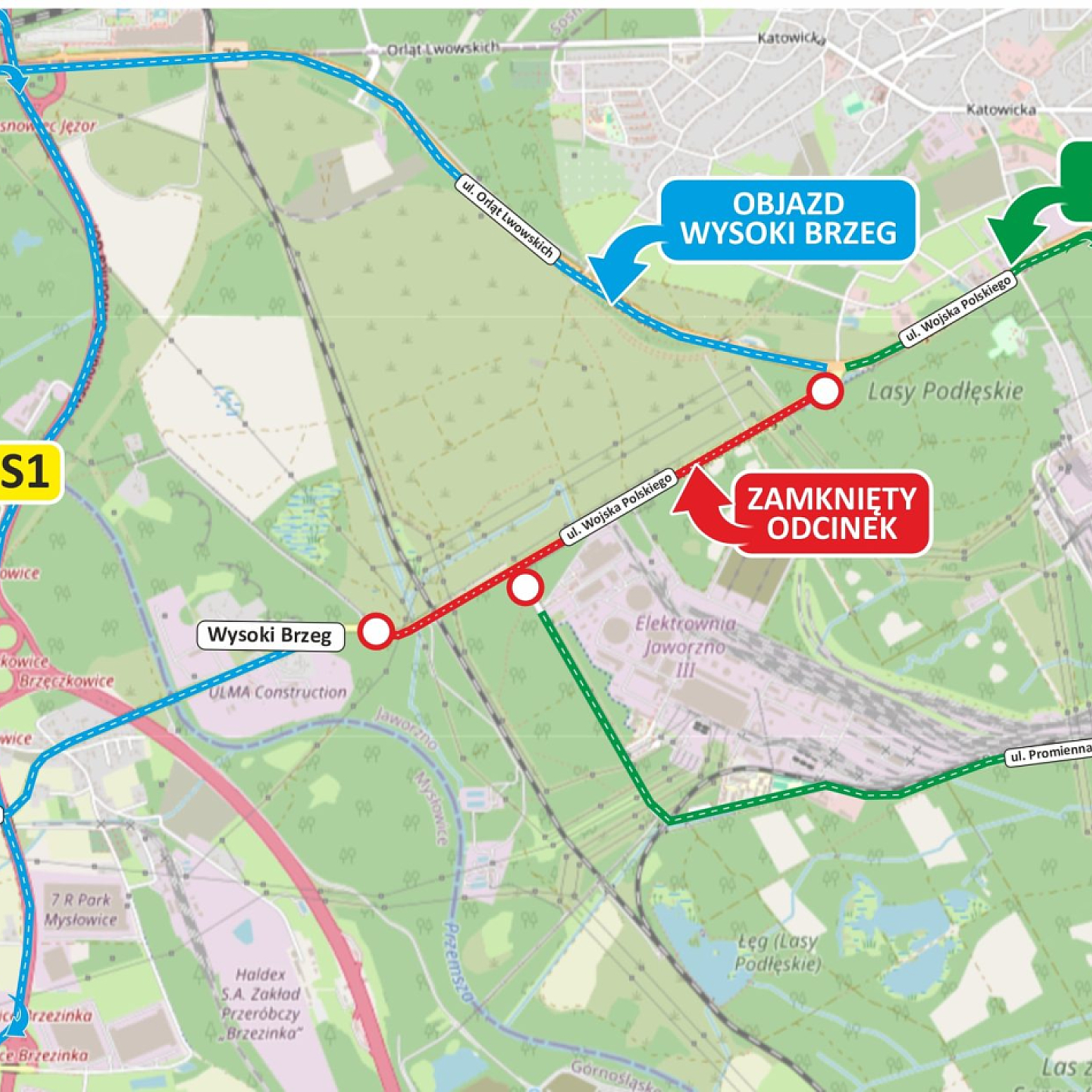 Mapa z zaznaczonymi utrudnieniami na drogach