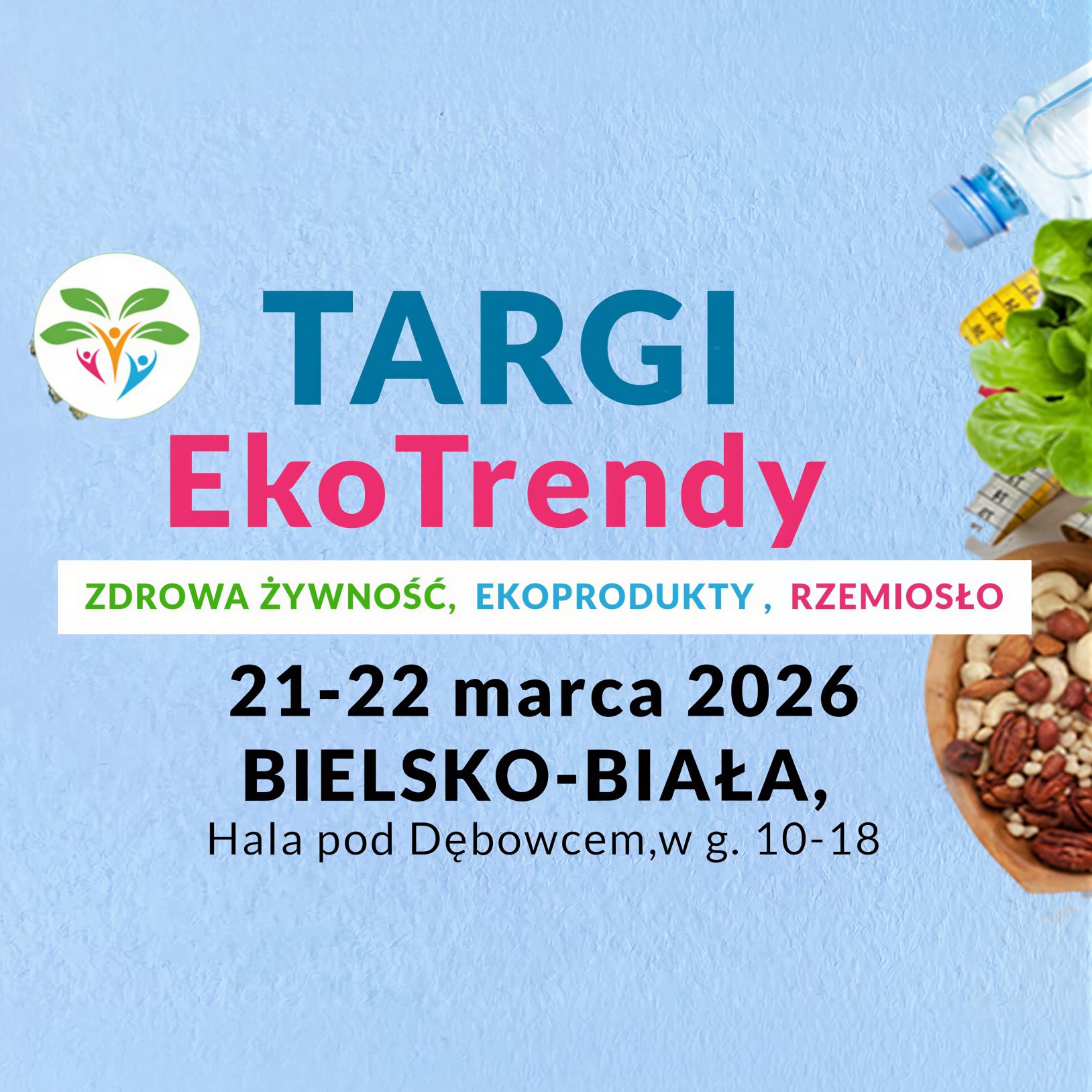 niebieski plakat wydarzenia "TARGI Eko Trendy" w Bielsku-Białej