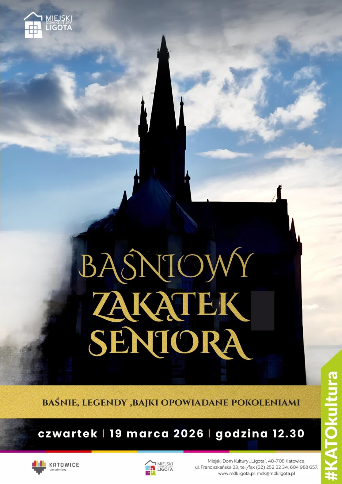 bajkowy zamek na czarno w kontrze na tle niebieskiego nieba z chmurami
