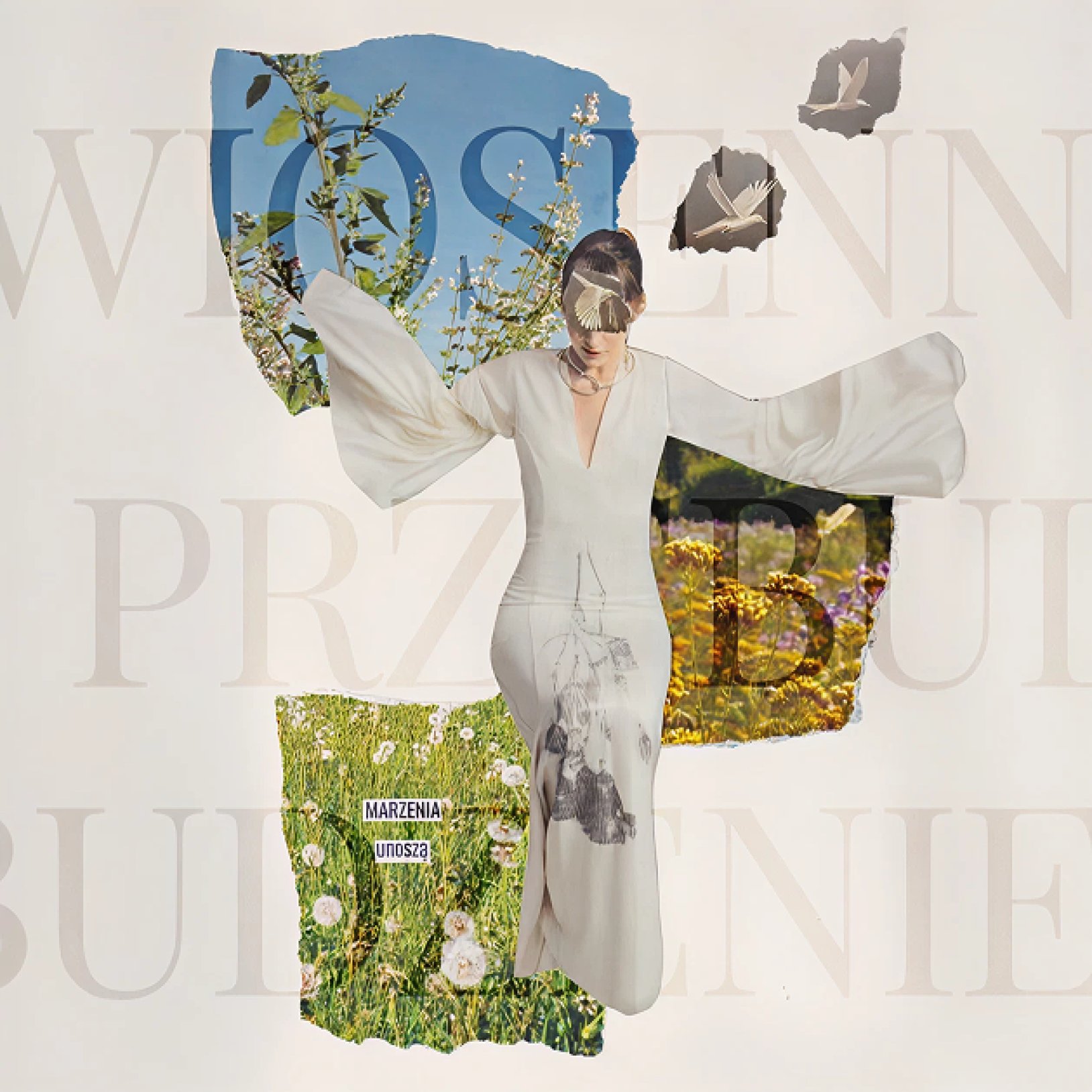 plakat wydarzenia przedstawiający kobietę w długiej białej sukience na tle fragmentów wiosennych fotografii z naturą