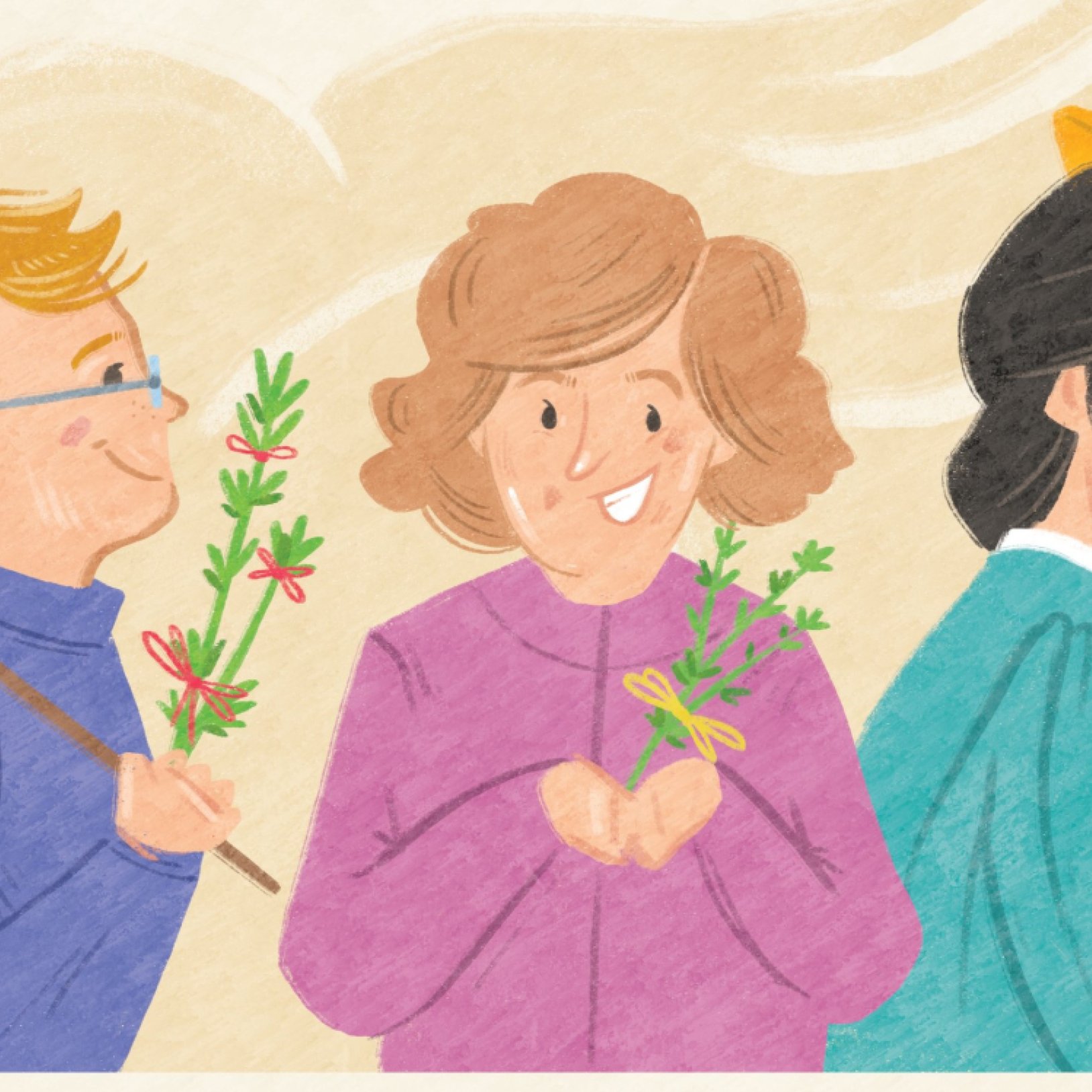 ilustracja przedstawiająca uśmiechnięte osoby trzymające w rękach zielone gałązki