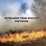 zdjęcie wypalanej trawy z czarnym napisem "wypalanie traw niszczy przyrodę"